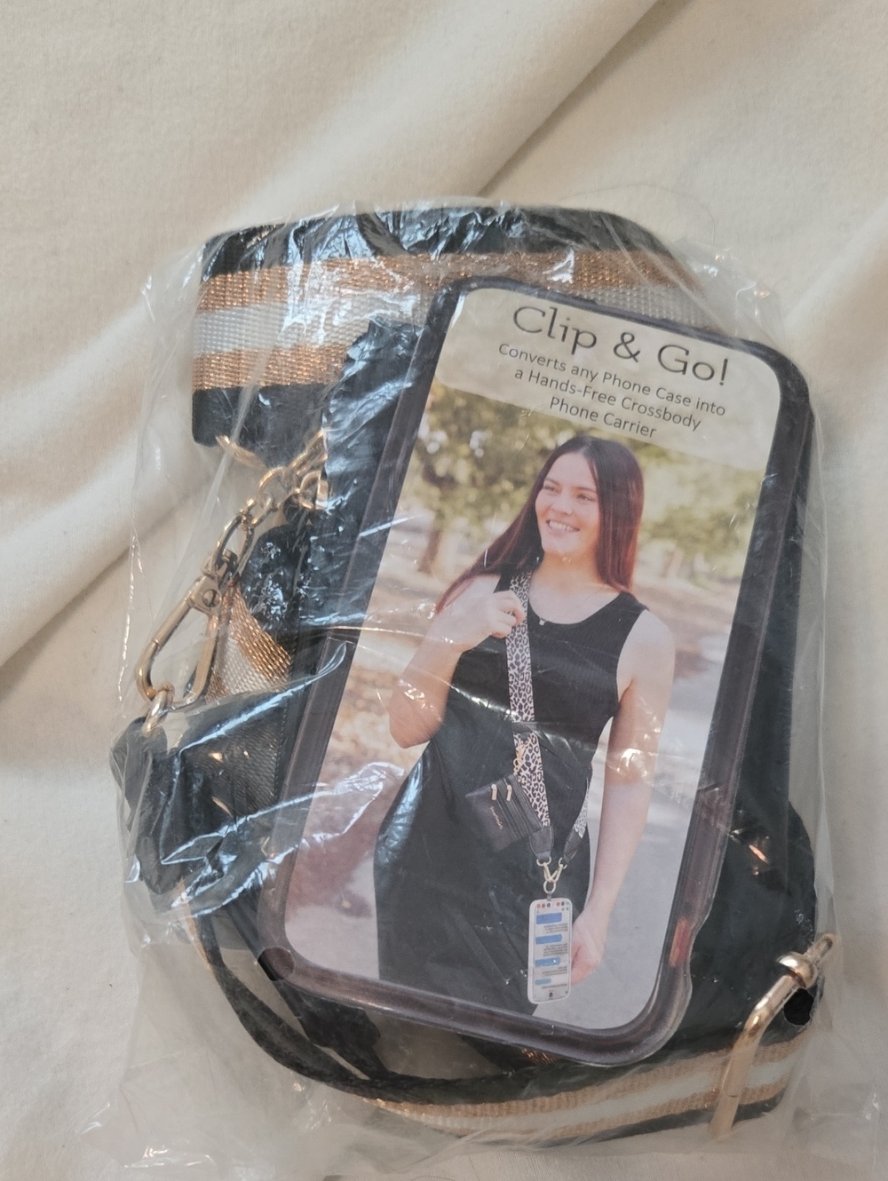 Black Phone Crossbody with Gold Stripe Strap